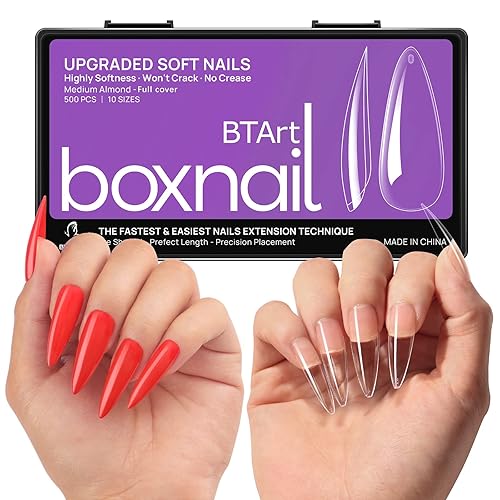 Btartbox 500Pcs Soft Gel Nail Tips - Clear Stiletto Full Cover, No Crack, 10 Sizes