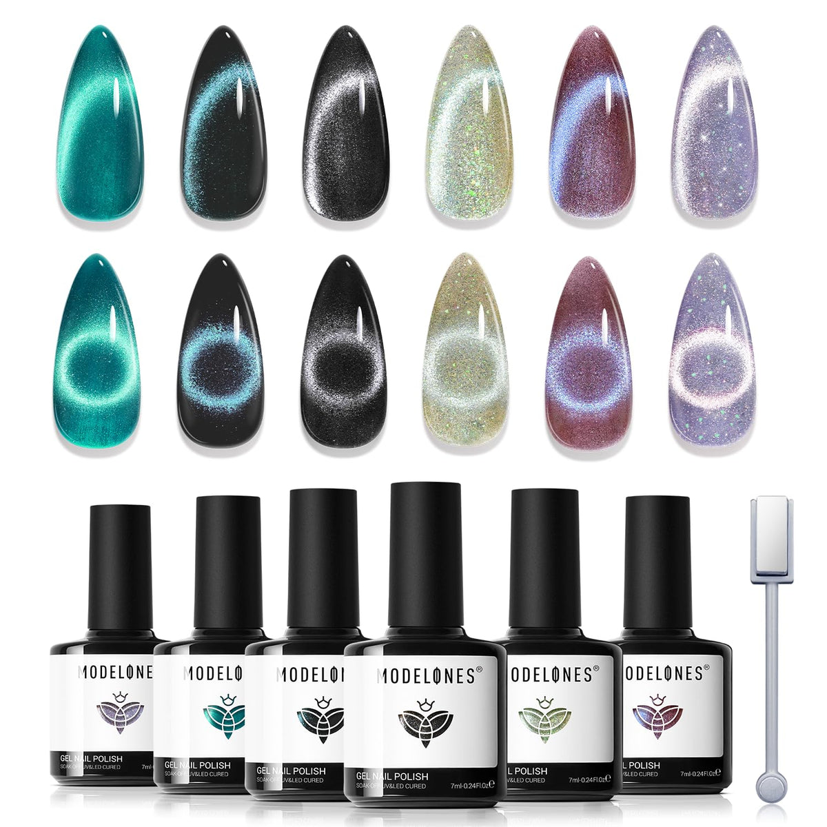 Modelones Cat Eye Gel Nail Polish Set, 6 Colors Holographic Glitter With Magnet, Soak Off