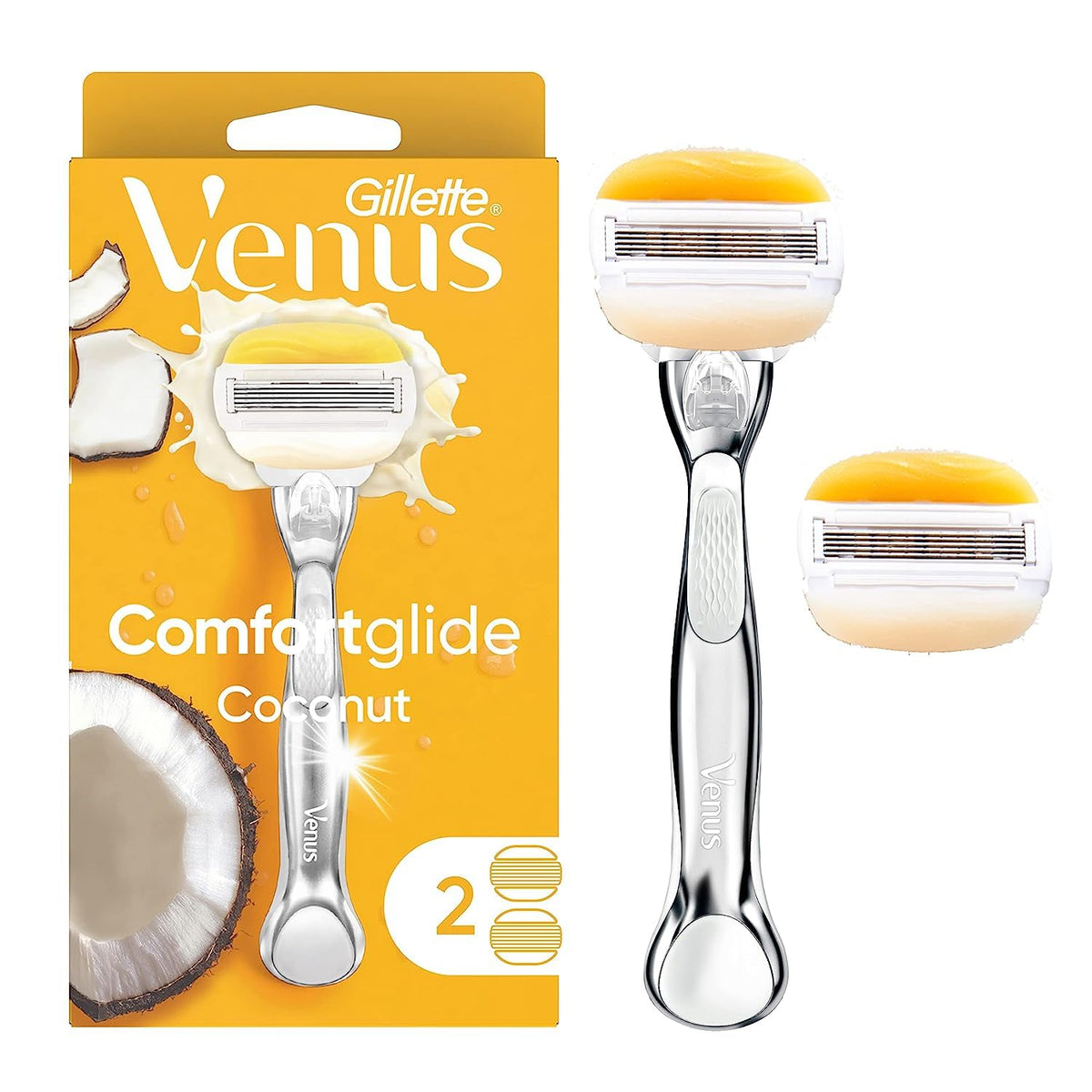 Gillette Venus Comfortglide Coconut Women'S Razor With Olay, Silver, 2 Count Blade Refills