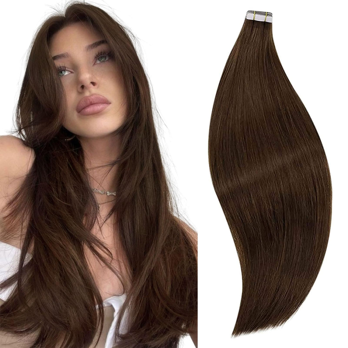 Runature Brown Straight Tape In Hair Extensions - Human Hair, 20Pcs, 10 In, Thick Remy, Double Sided