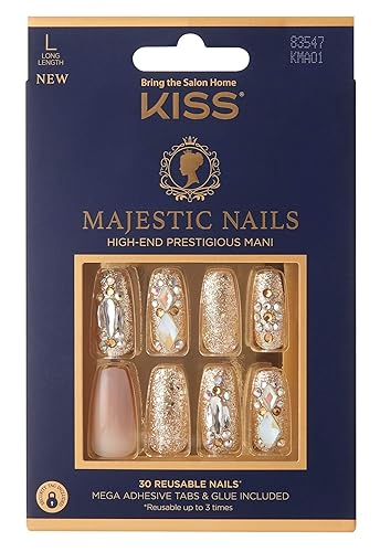 Kiss Majestic Nails Long Length Gold - 2 Pack Of Stylish Press-On Nails