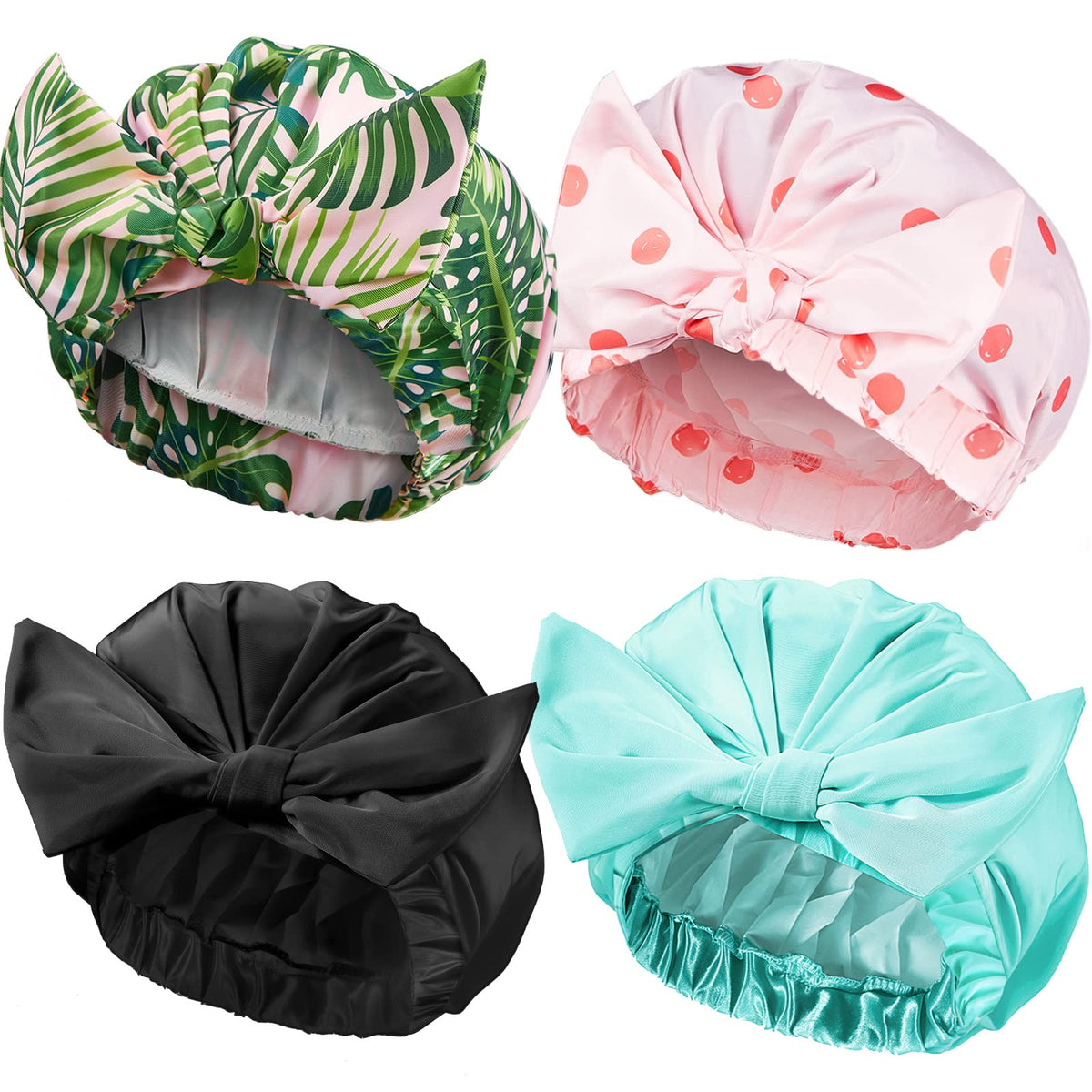 Floraltop Waterproof Reusable Shower Caps For Women - Satin Hair Turban (Dot, 4 Pcs)