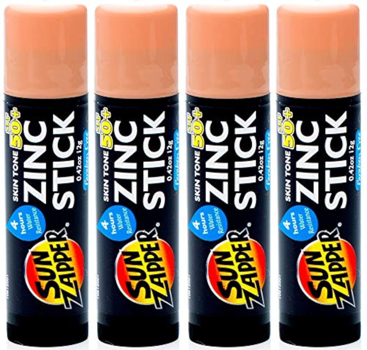 Sun Zapper Zinc Oxide Sunscreen Stick Spf 50+ - 4-Pack Water-Resistant Mineral Sunblock