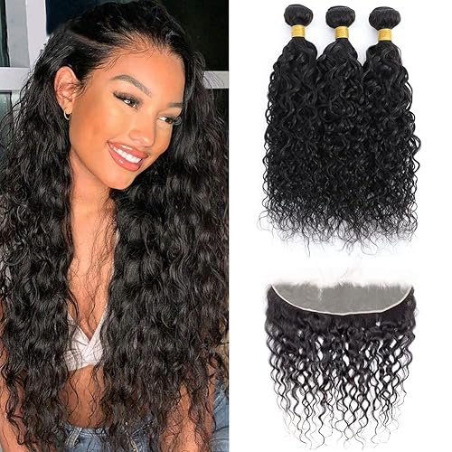 FASHION VILA Brazilian Virgin Water Wave Hair 3 Bundles & 13x4 Frontal - 100% Human Hair