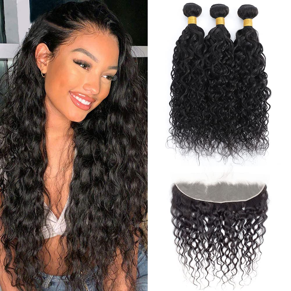 FASHION VILA Brazilian Virgin Water Wave Hair Bundles with 13x4 Frontal for Black Women 14-18&quot;