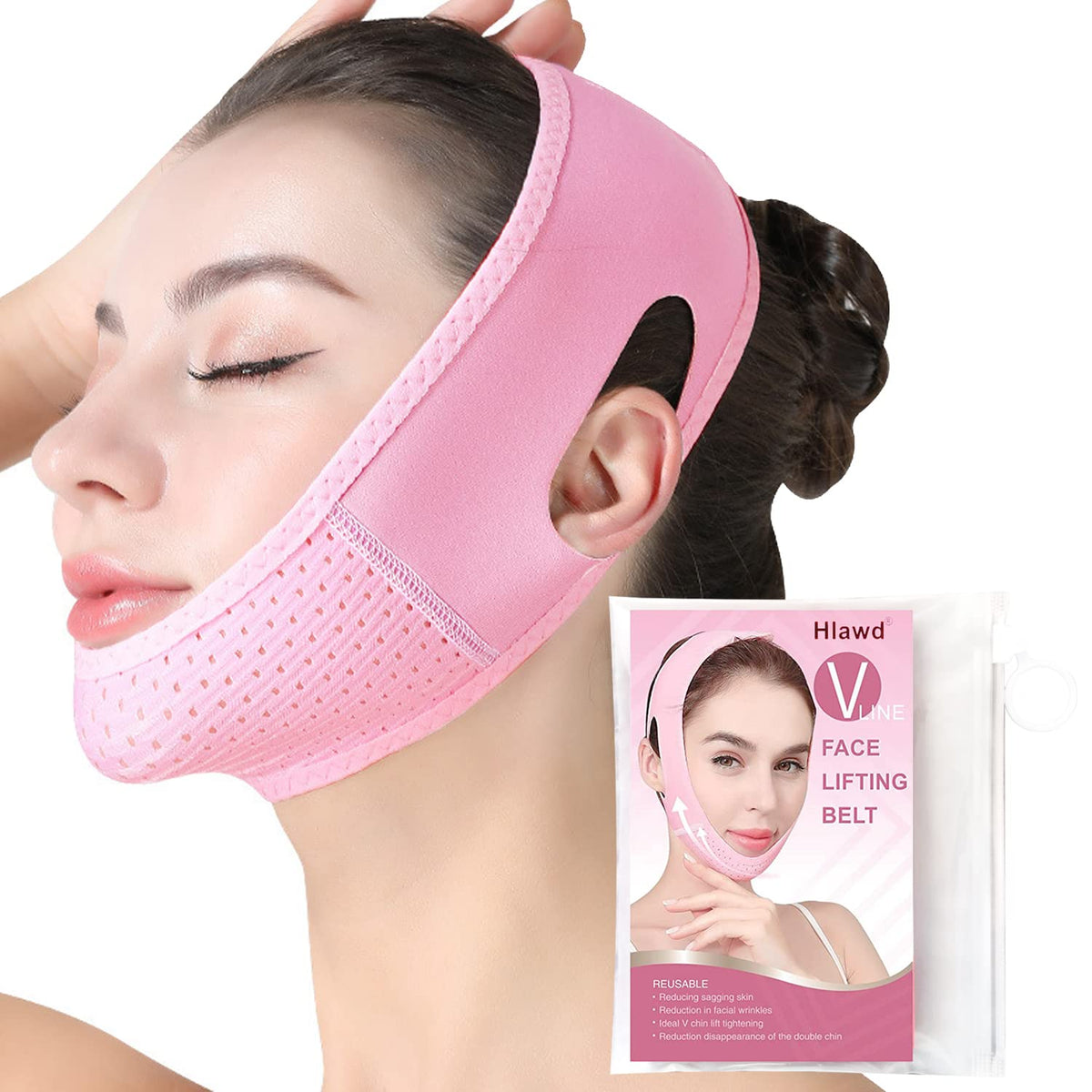 Hlawd V Line Lifting Mask - Double Chin Reducer, Face Slimmer, Tightening Skin, Pink, 65Cm