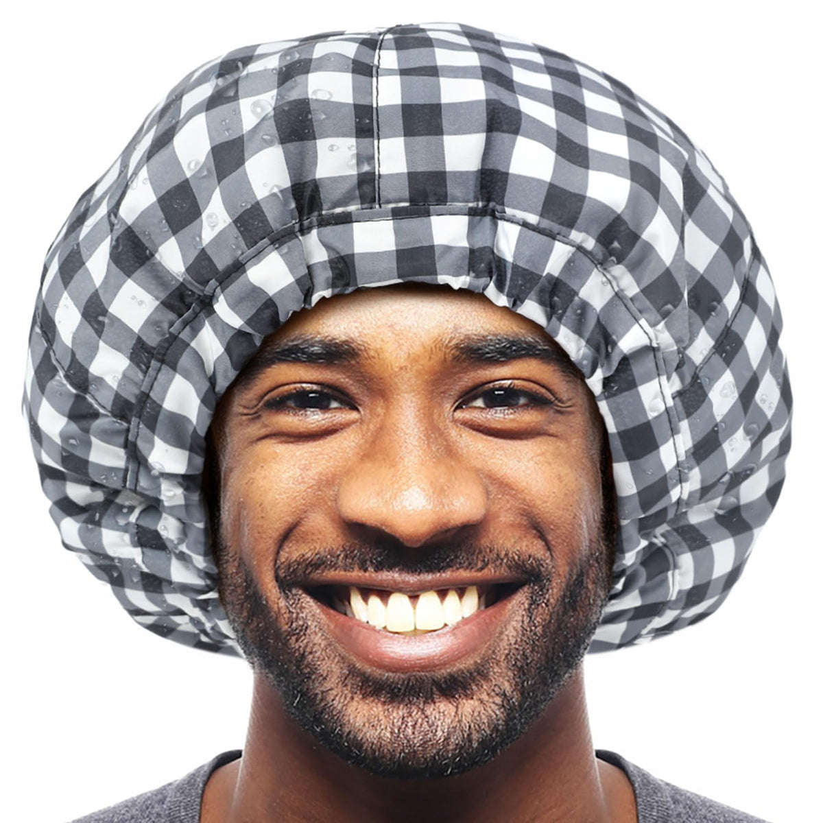 Aileam Reversible Waterproof Shower Cap For Men - Black White Plaid, Adjustable Terry Lining