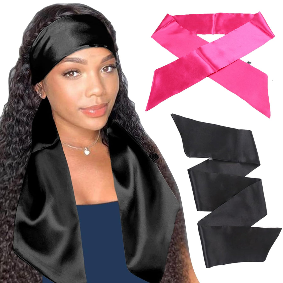 XTREND 2Pcs Satin Edge Scarves for Wig - Non-Slip Hair Wrap, 58 Inch, Black & Pink