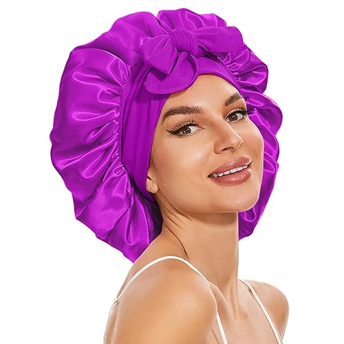 Be Bigeddie Large Silk Bonnet - Satin Hair Wrap & Shower Cap For Women & Men, A-08-Purple