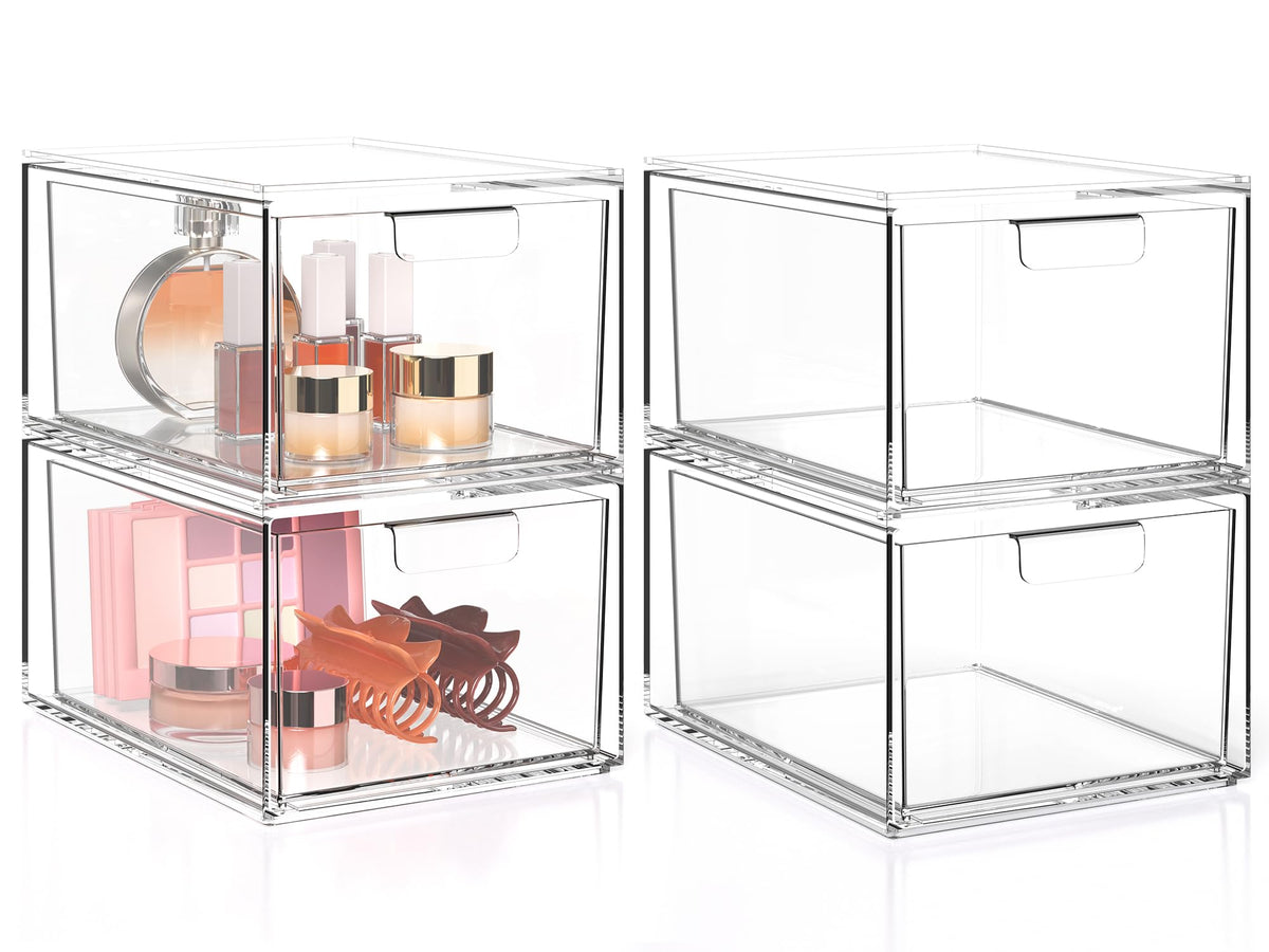 Areforic Clear Makeup Organizer 4 Pack - Stackable Acrylic Drawer Box For Vanity & Skincare