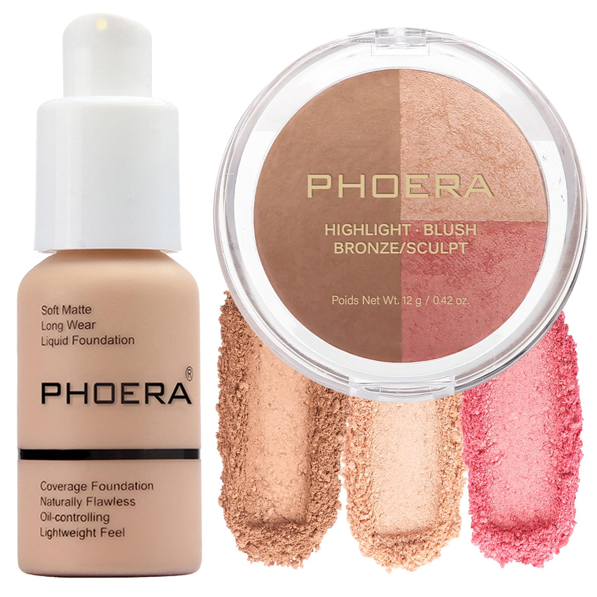 Phoera Foundation & Contour Palette With Highlighter, Bronzer & Blush - 1Oz Warm Peach #002