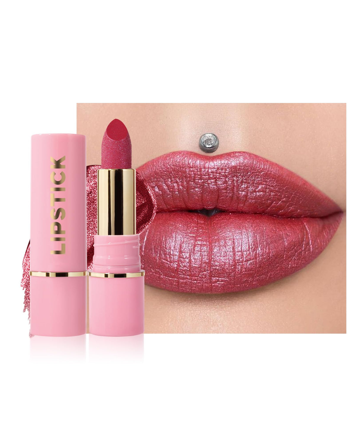 Lysdefeu Diamond Glitter Matte Lipstick - Rose Red Metallic Shimmer, Longlasting Waterproof Lip Color