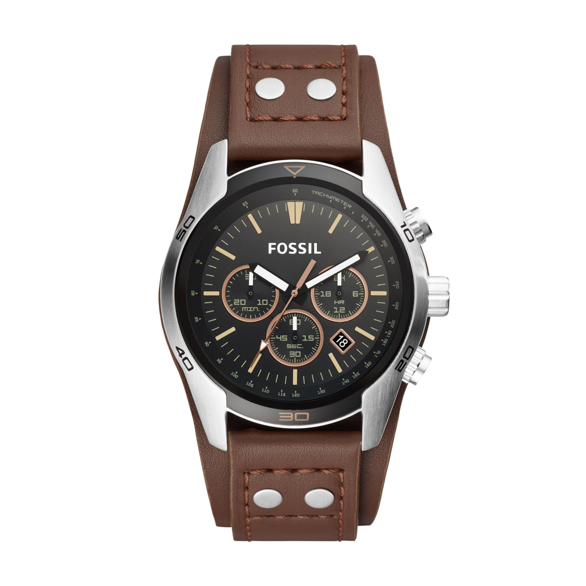 Fossil Men'S Coachman Chronograph Watch, Silver & Brown, 45Mm Stainless Steel & Leather