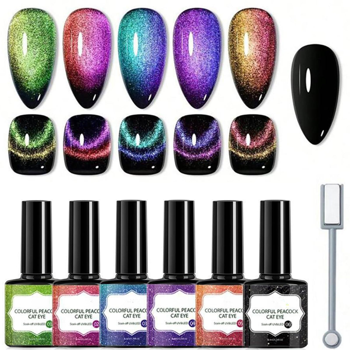 Rosarden 6Pcs Cat Eye Magnet Nail Polish Set, Rainbow Gel Polish, Long Lasting, Bright Colors