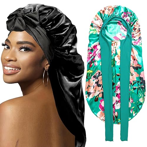 Wozutunt 2Pcs Silk Bonnets For Black Women - Large Satin Sleep Cap With Stretchy Tie Band