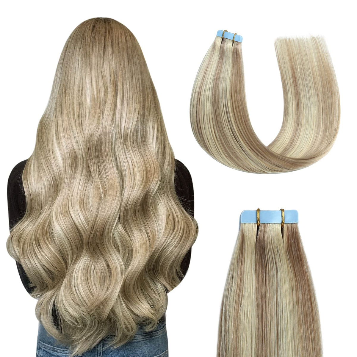 Sunya 18&quot; Tape In Hair Extensions - Ash Blonde Highlighted Human Hair, Seamless Skin Weft, 50G