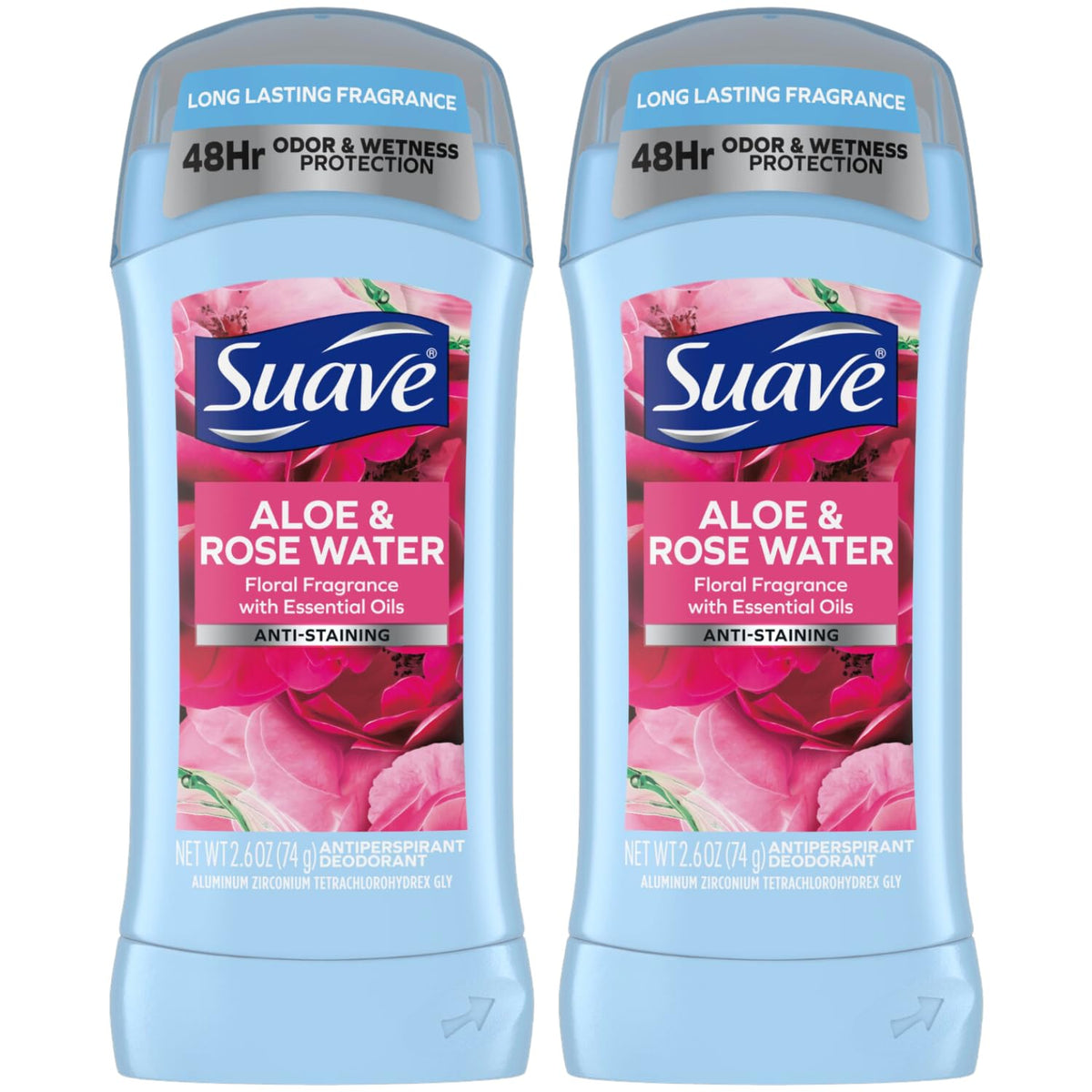 Suave Aloe & Rose Water Deodorant Stick, 48H Protection, Anti-Staining, 2.6 Oz (Pack Of