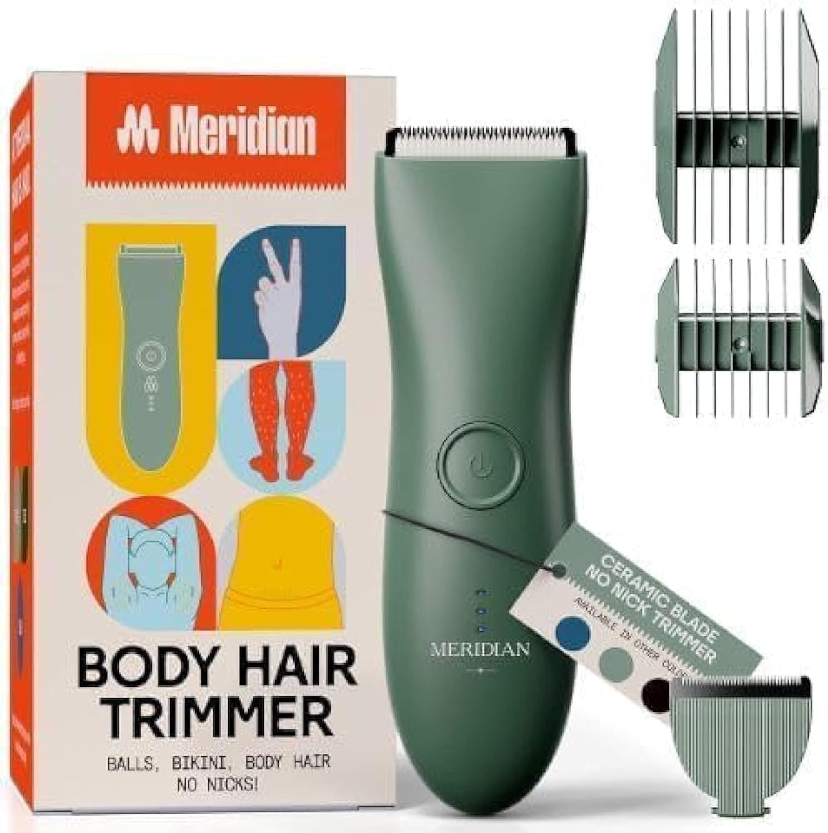 Meridian Electric Body & Pubic Hair Trimmer Set - Cordless, Waterproof, Rechargeable, Sage