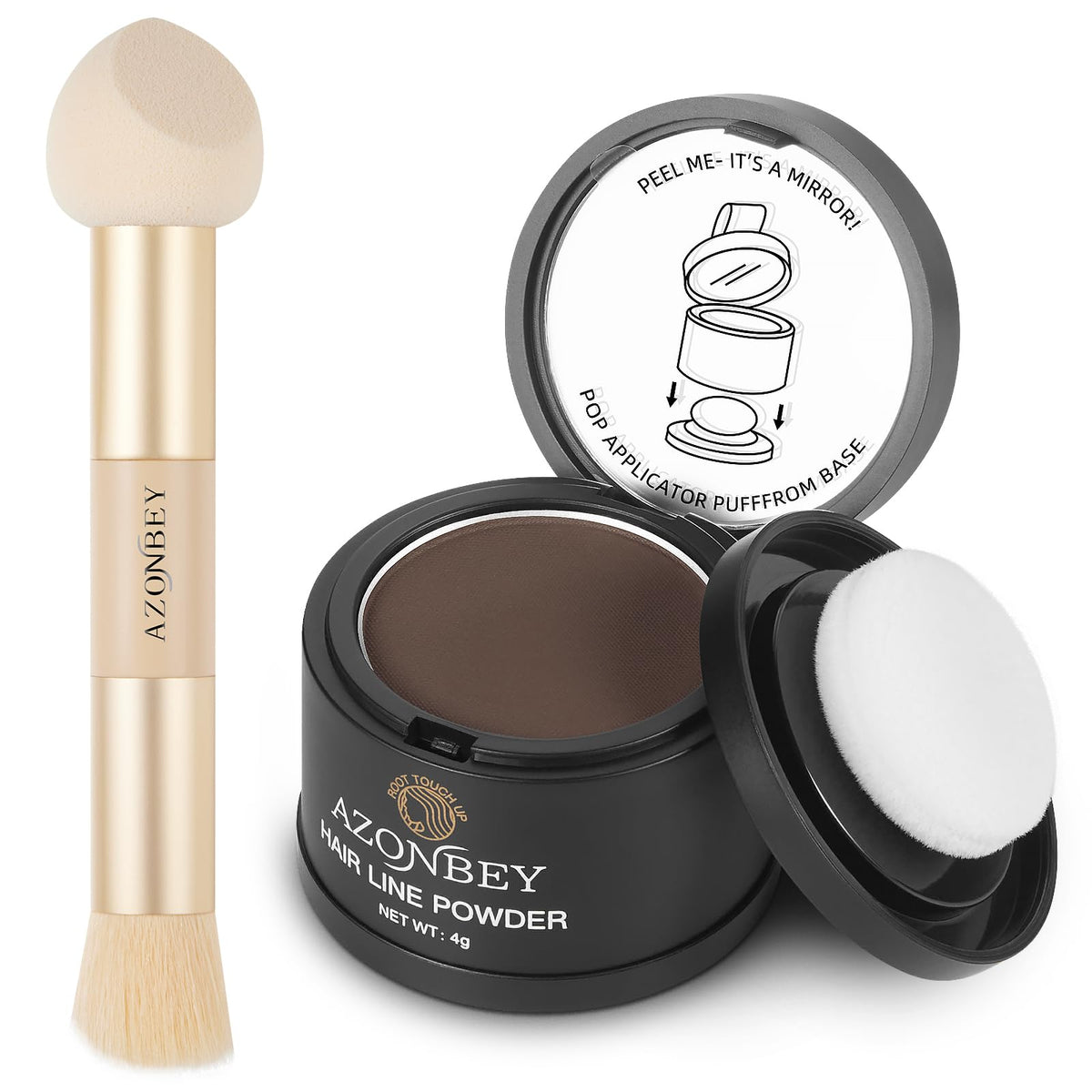 Azonbey Root Touch Up Set - Med Brown Hairline Powder & Brush, Water & Sweat Resistant, 2.18 Oz