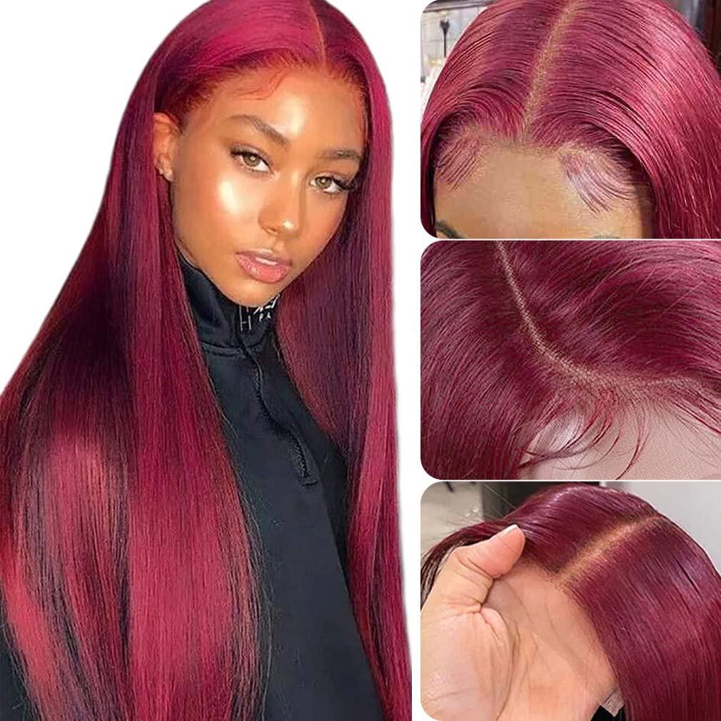 Azkiu 24&quot; Burgundy Straight Lace Front Wig, Human Hair, Pre Plucked, 150% Density, Hd Lace