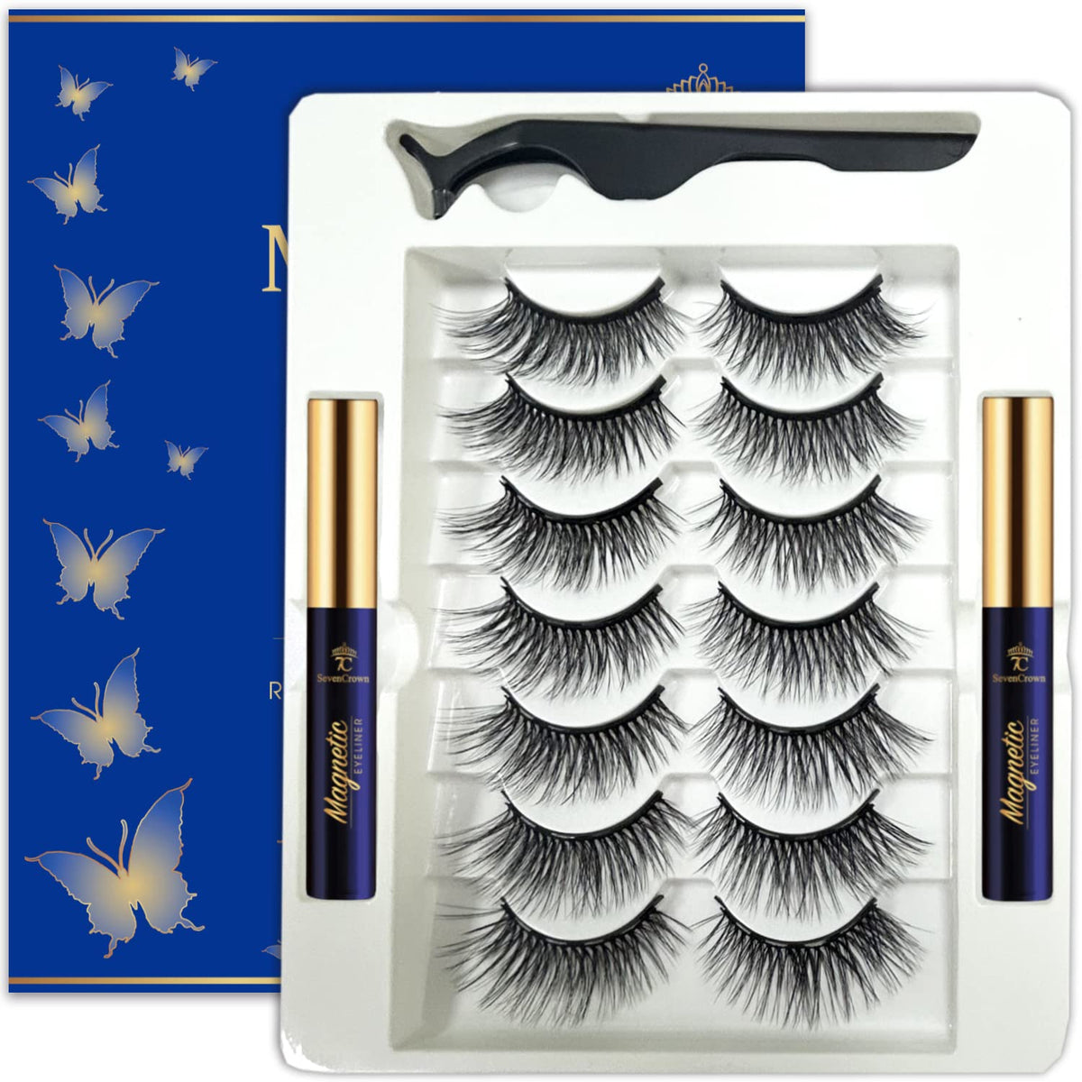 7C Sevencrown Cat-Eye Magnetic Eyelashes Kit - 7 Pairs Faux Mink, Reusable, Cruelty