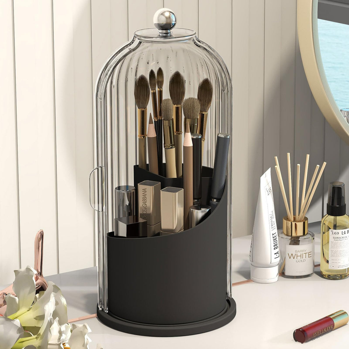 Emljkvp 360 Rotating Makeup Brush Holder With Dustproof Cover - White/Black Organizer For Vanity