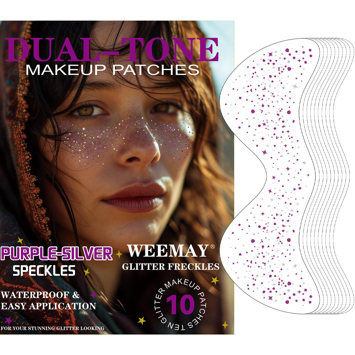 Weemay 10 Pcs Purple-Silver Glitter Freckles, Waterproof Face Sparkle Tattoos, Long-Lasting 48H