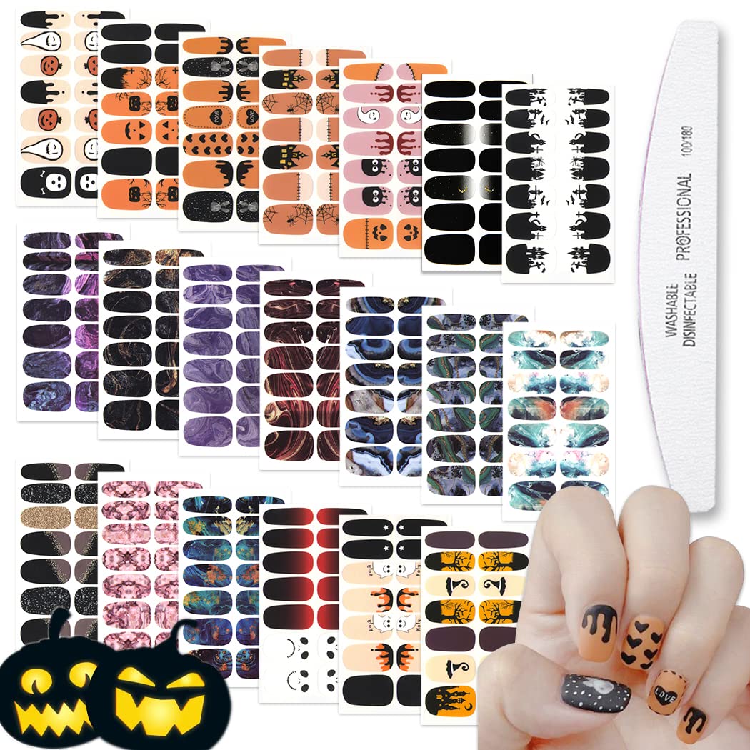 Wokoto Halloween Nail Polish Strips - 20 Sheets Black Gradient Wraps With Pumpkin & Bat Designs