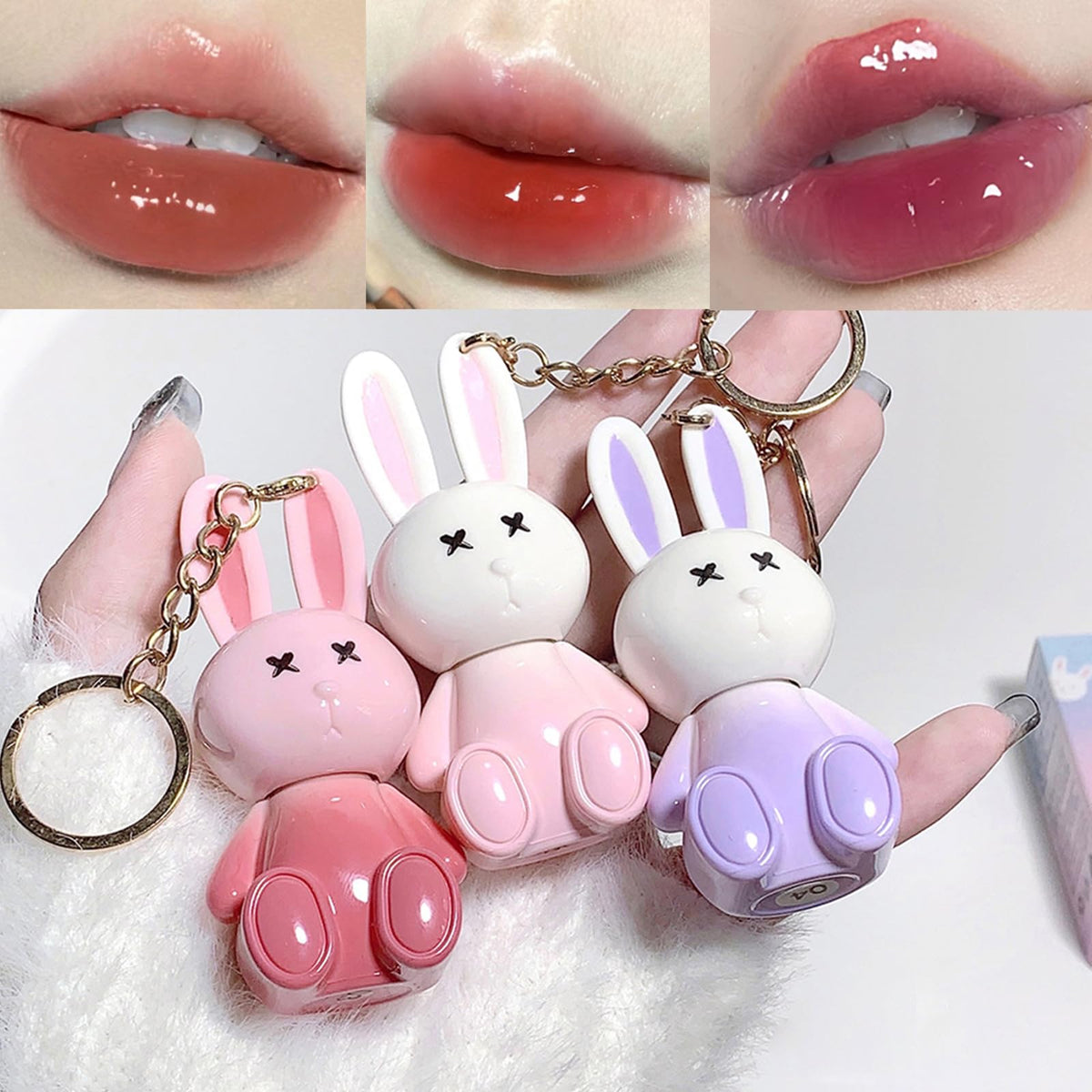 Bekoeen 3Psc Rabbit Keychain Lip Glaze Set - Hydrating Jelly Lip Gloss & Lip Glow Gel