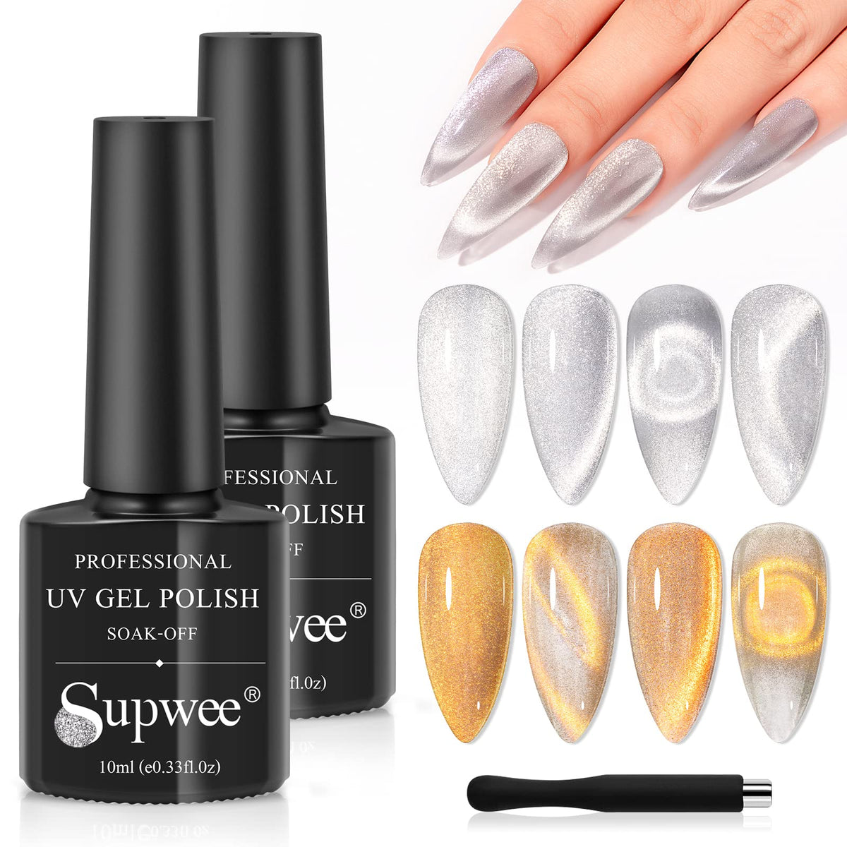 Supwee 9D Cat Eye Gel Nail Polish - Gold Smoothie Magnetic Manicure 10Ml For Diy Nail Art