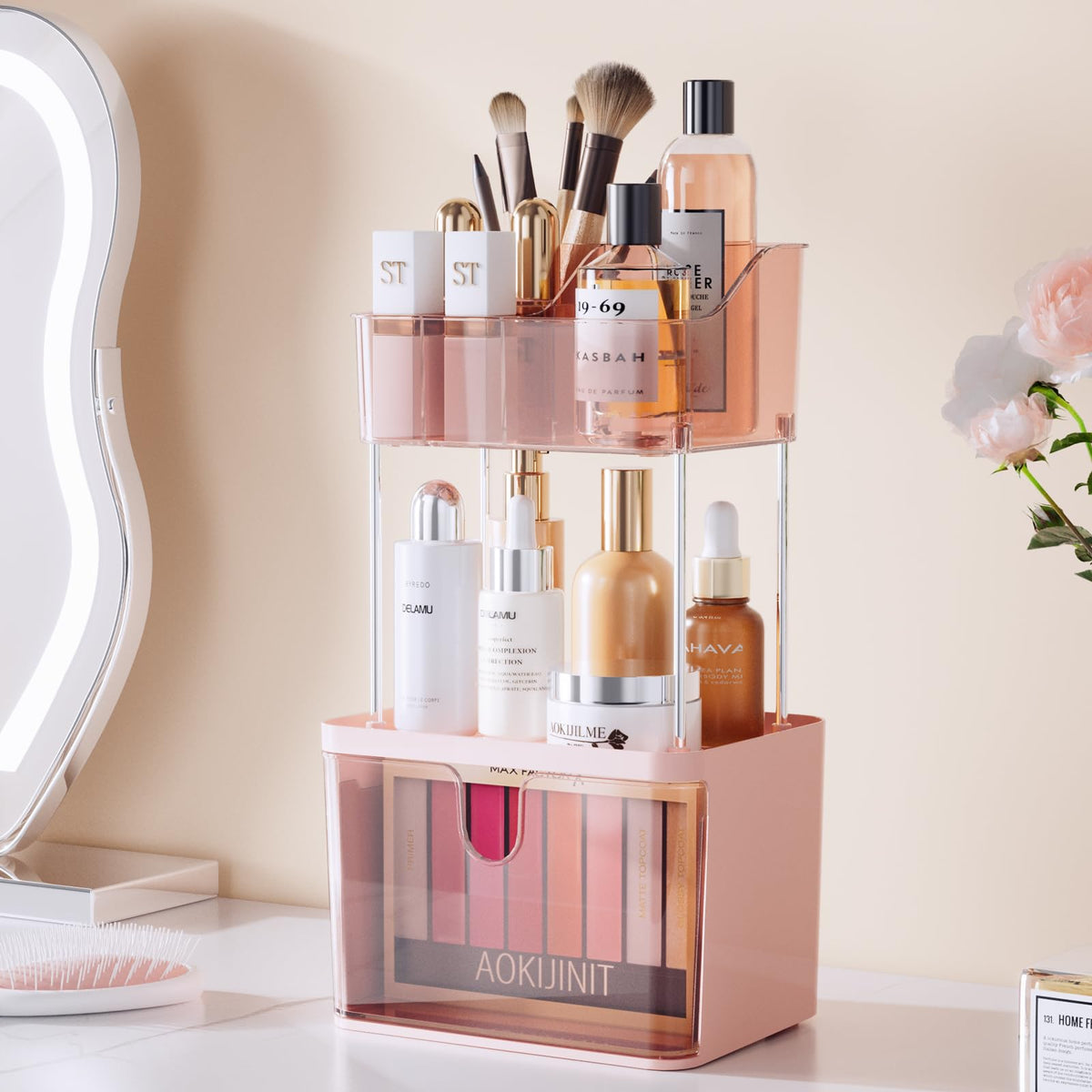 Delamu 3-Tier Makeup Organizer, Large Drawers & 6-Grid Section, Pink Vanity Storage For Cosmetics