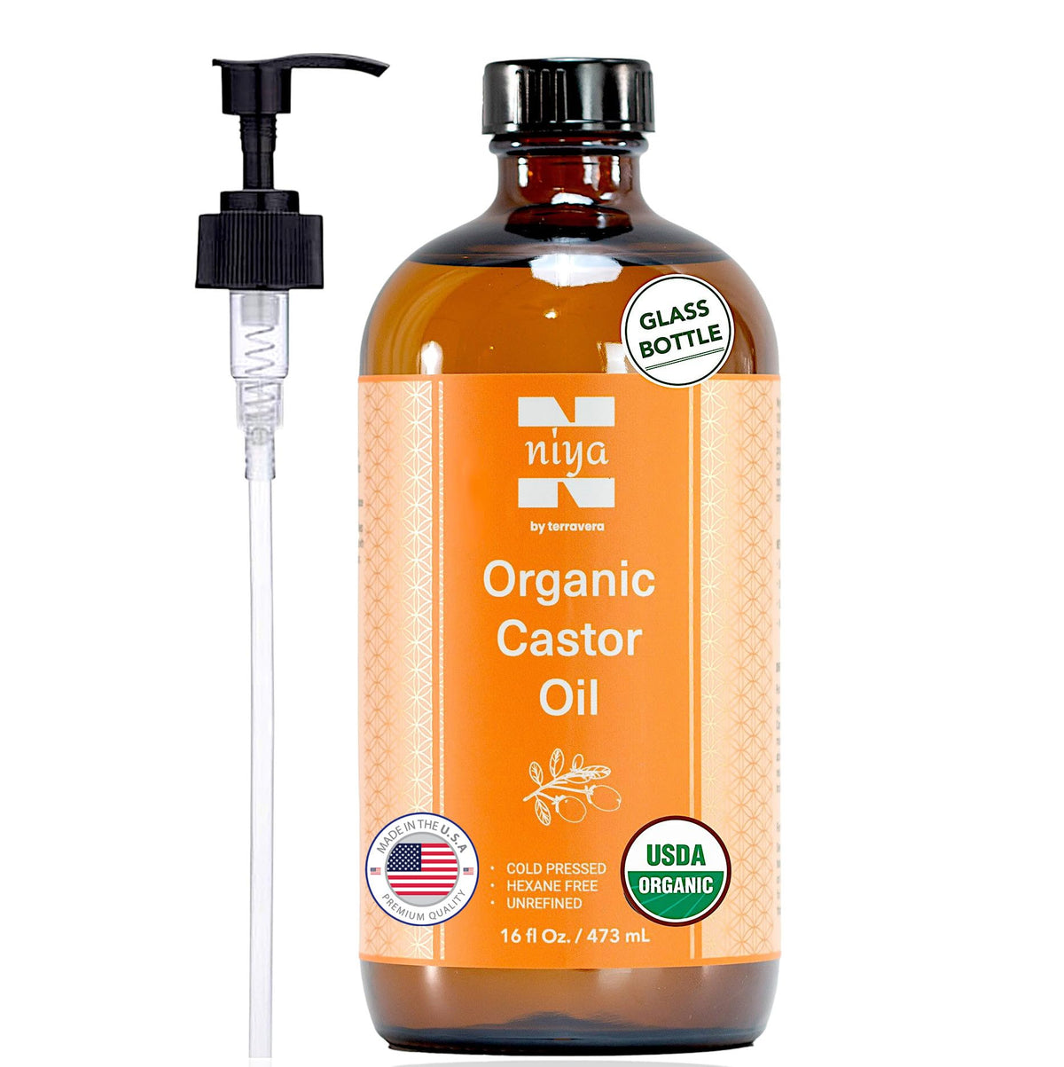 Terravera Organic Castor Oil 16Oz - Cold Pressed, Unrefined, Hexane Free, Glass Bottle With Pump