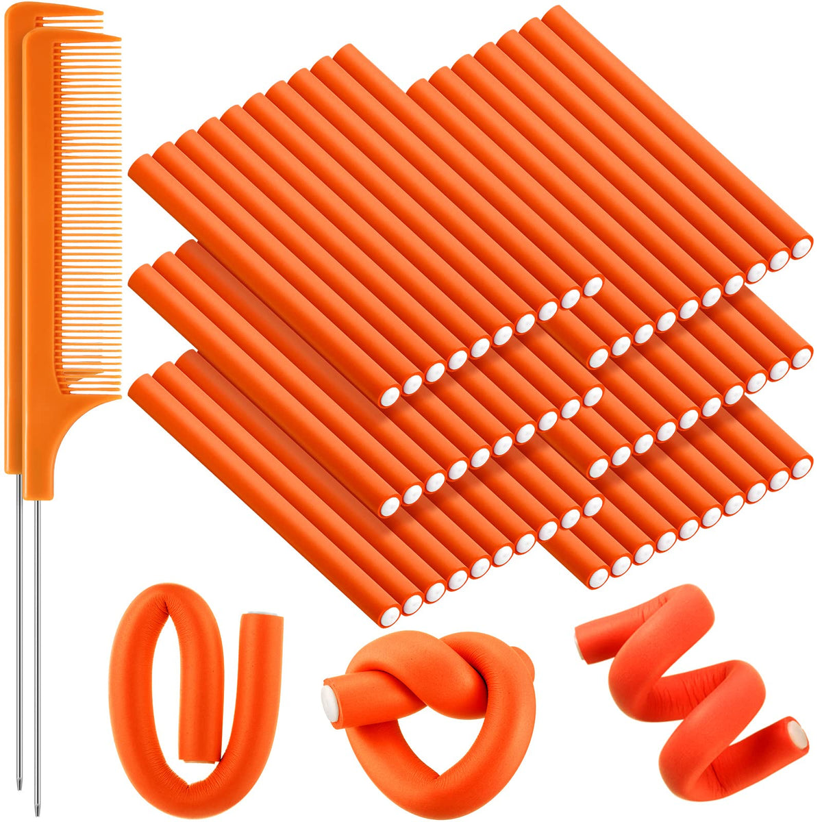 WILLBOND 60 Flexible Curling Rods Hair Rollers Set - No Heat, Orange for Long/Short Hair