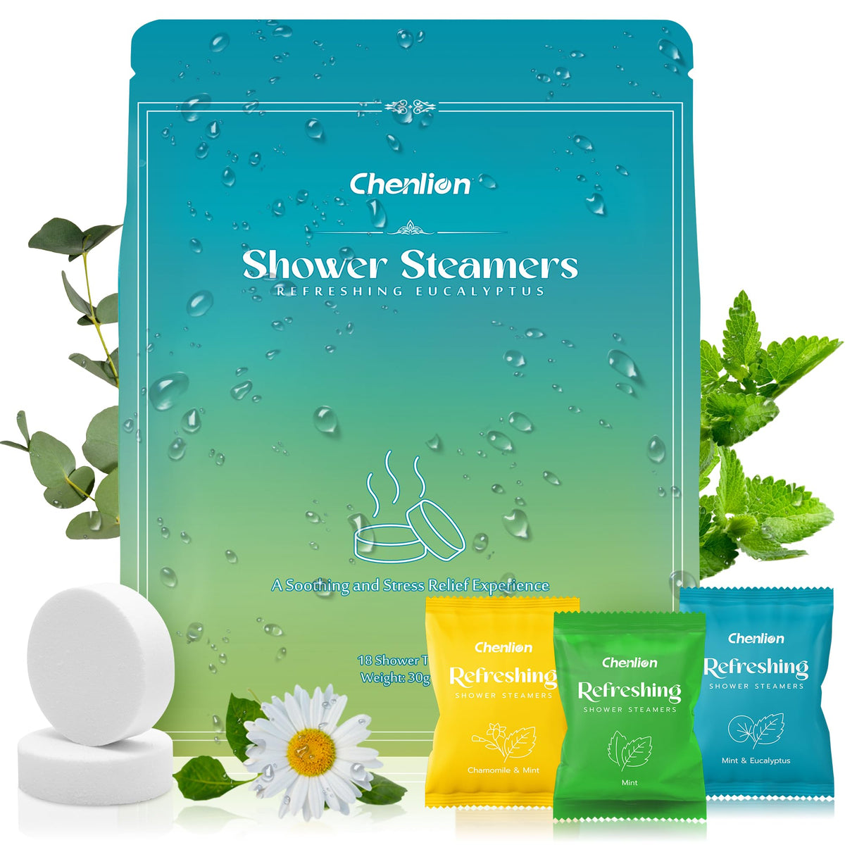 Chenlion Shower Steamers 18 Pack - Aromatherapy Tablets With Mint, Eucalyptus & Chamomile