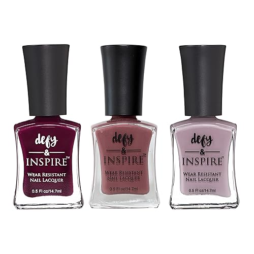 Defy & Inspire Quick Dry Wear Resistant Nail Polish - Dark Colors, 3 Pack, Thick Brush Design