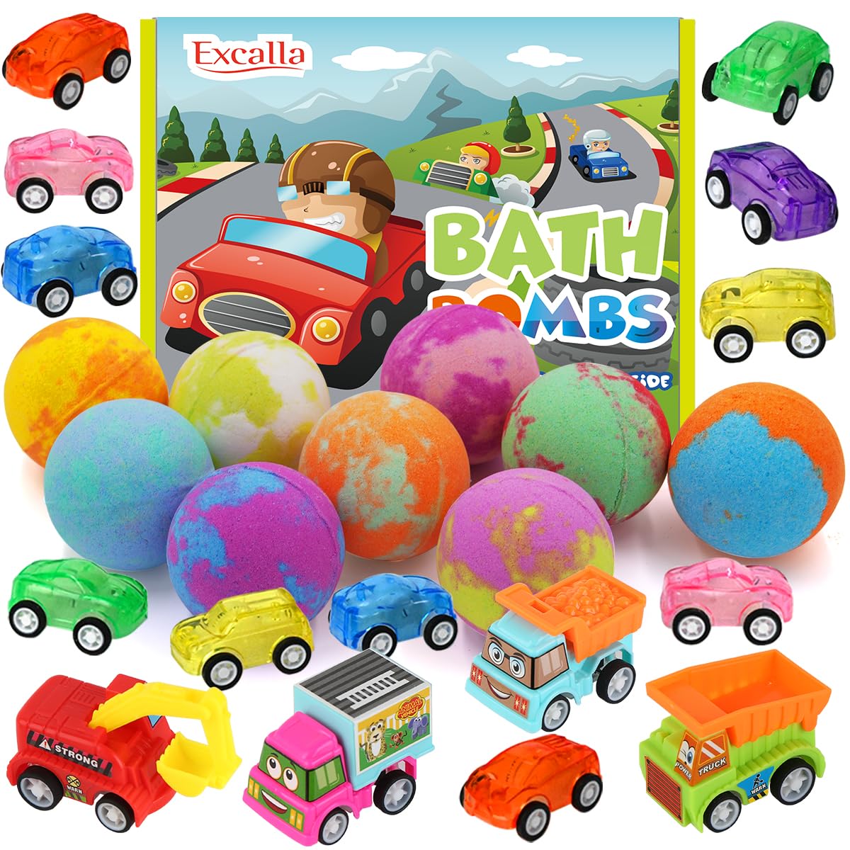 Excalla Kids Bath Bombs Set With Toys, 9 Pack Colorful Foam For Boys & Girls, Moisturizing Fun