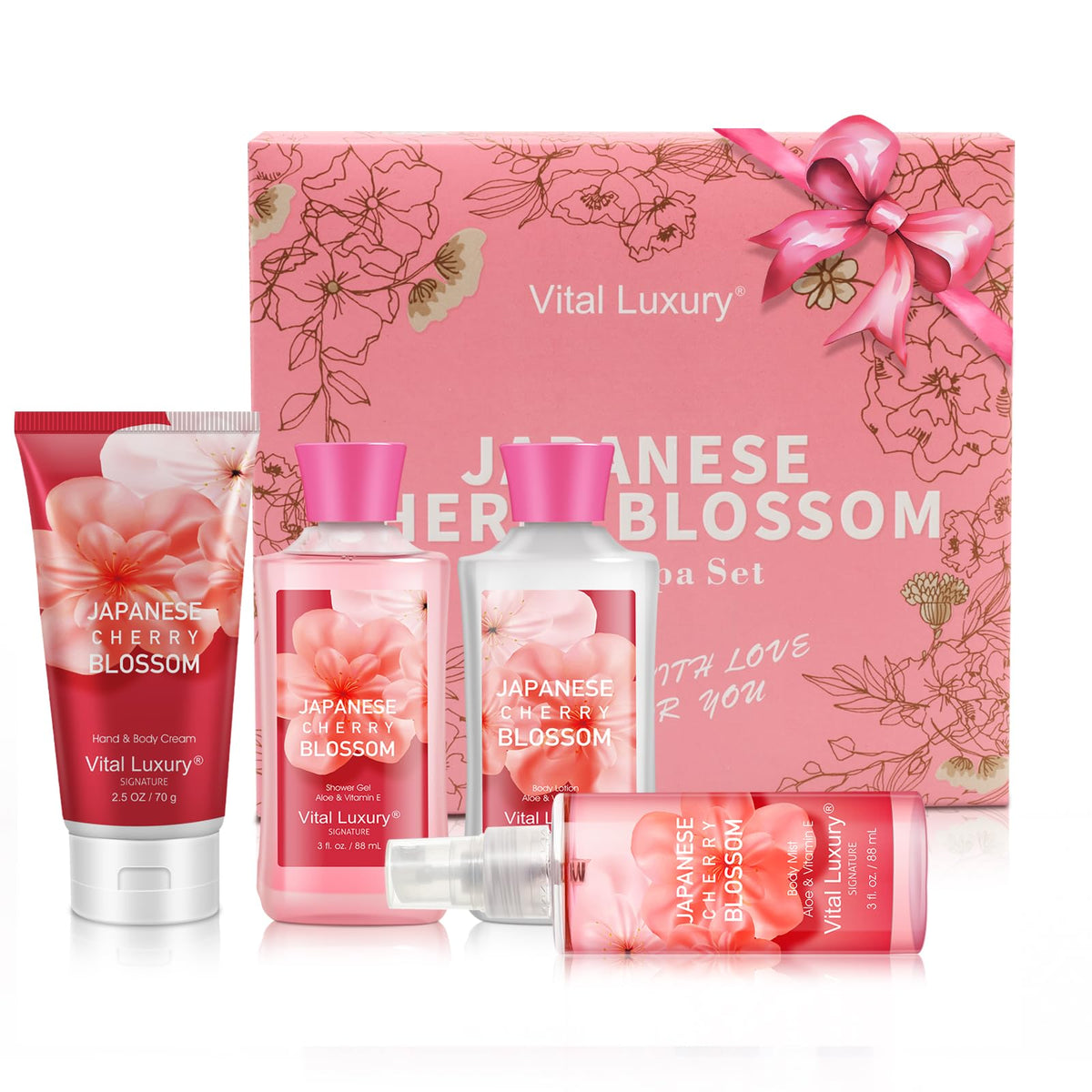 Bodybeau Japanese Cherry Blossom Spa Gift Set - Shower Gel, Lotion, Mist & Hand Cream For Women