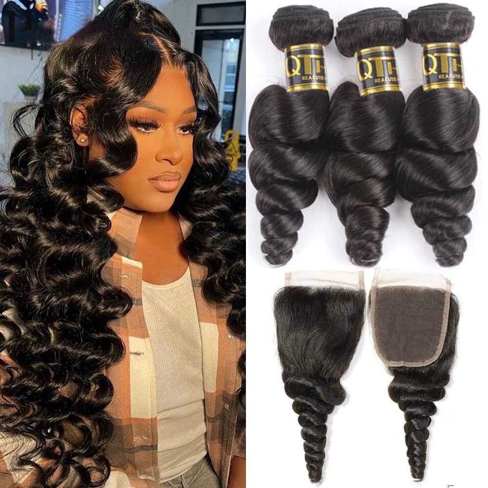 QTHAIR 14A 100% Virgin Human Hair Loose Wave Bundles with 4x4 Lace Closure - 18&quot; 