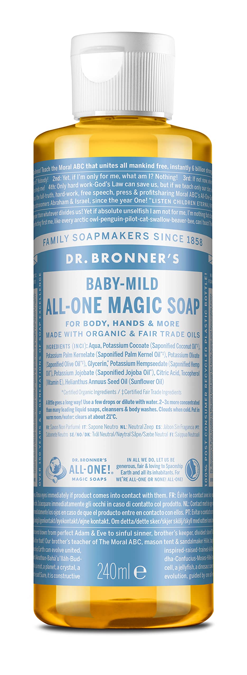 Dr. Bronner'S Pure-Castile Liquid Soap Baby Unscented 8Oz - Organic, Vegan, 18-In-1