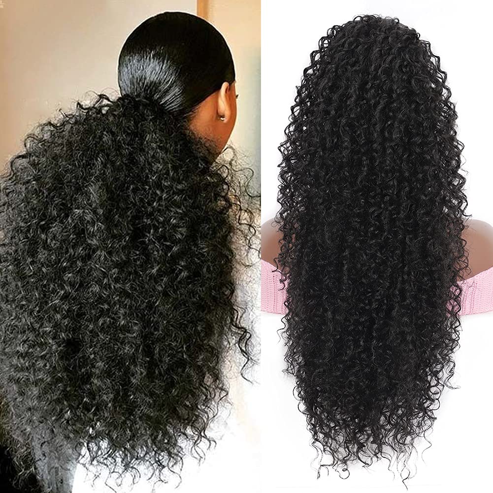 Youthfee 27&quot; Black Drawstring Ponytail Extension - Deep Curly Heat Resistant Synthetic Hair