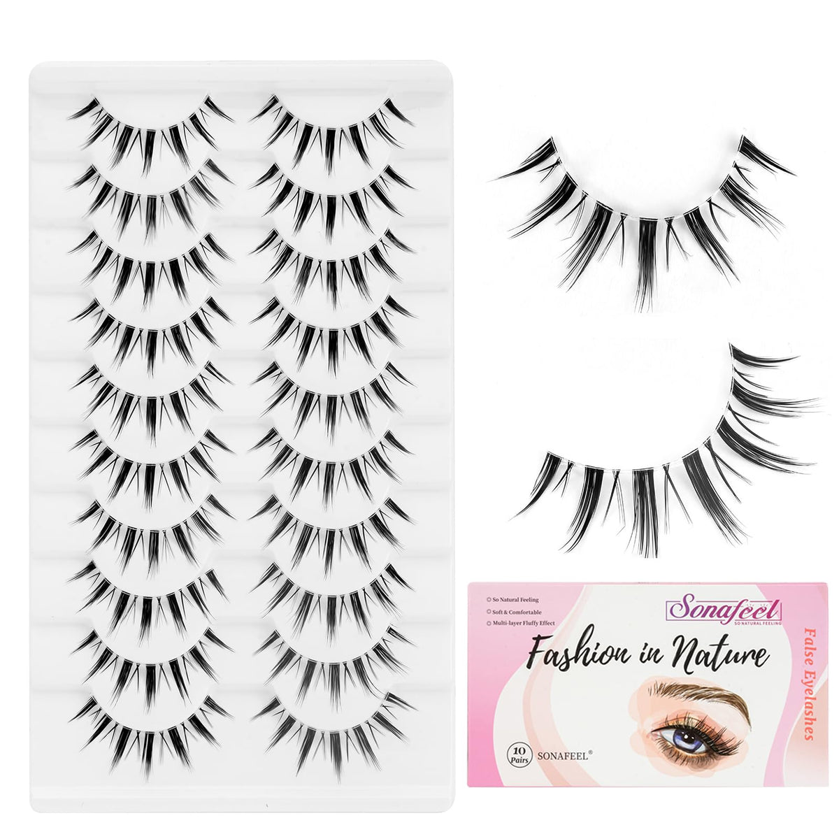 Sonafeel Manga Lashes 13Mm - 10 Pairs Faux Mink Wispy Spiky Anime Cosplay Eyelashes Black