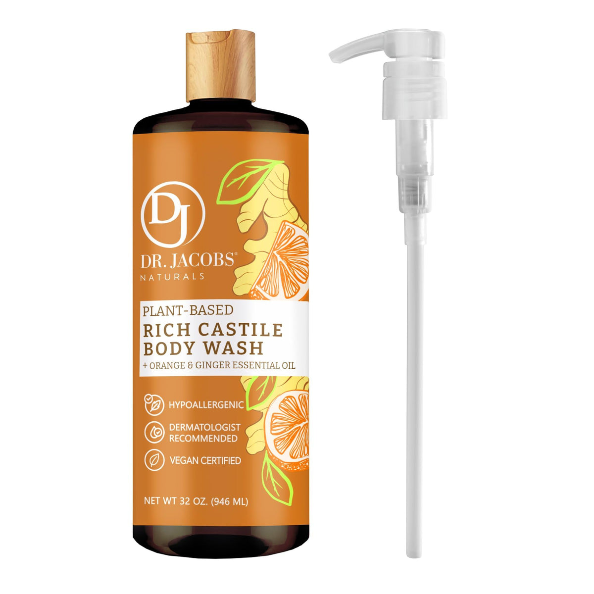 Dr Jacobs Naturals Citrus Castile Liquid Soap Gel, 32 Oz Pump - Vegan, Hypoallergenic, Organic Oils