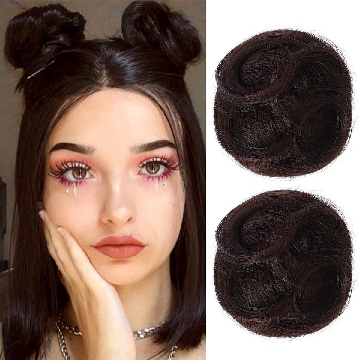 REECHO 2 PCS Space Bun Hair Pieces, Mini Claw Clip, Wavy Black Brown Hair Bun Extensions