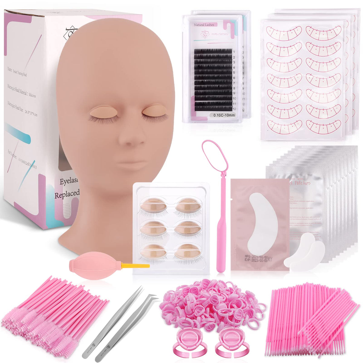 Pretty Memory Eyelash Extension Kit - Silicone Practice Set with Removable Eyelids, 262 Pieces