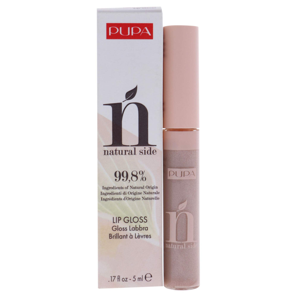 Pupa Milano Natural Side Lip Gloss - High Shine 001 Light Rose - Nourishing, Moisturizing 0.17 Oz