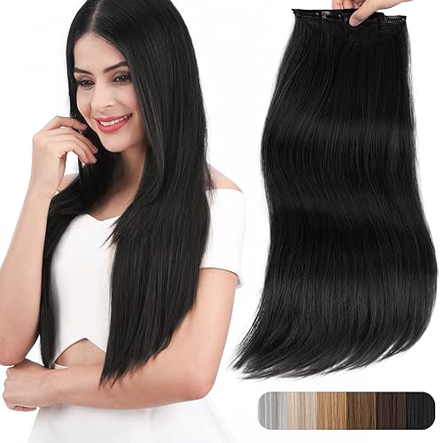 REECHO 28 Inch Clip in Hair Extensions - Thick Long Straight 3PCS Set, Natural Black