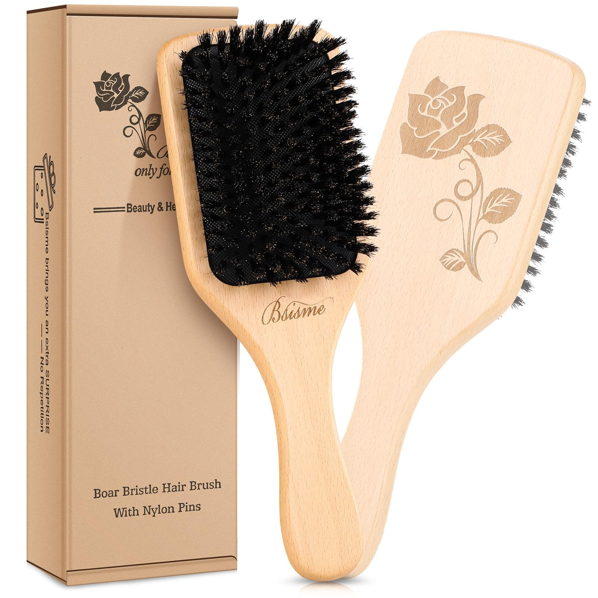 Bsisme Boar Bristle Hair Brush for Fine Hair - Natural Wood Paddle Brush, Enhance Shine & Health