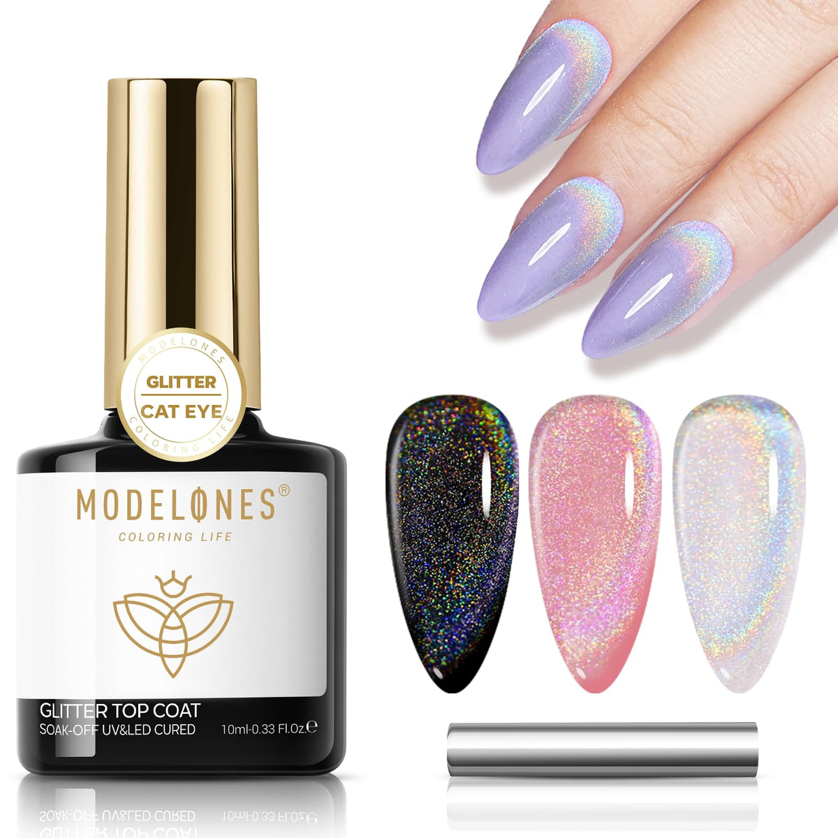 Modelones Cat Eye Gel Nail Polish 9D Glitter Top Coat - Holographic Soak Off, 10 Ml