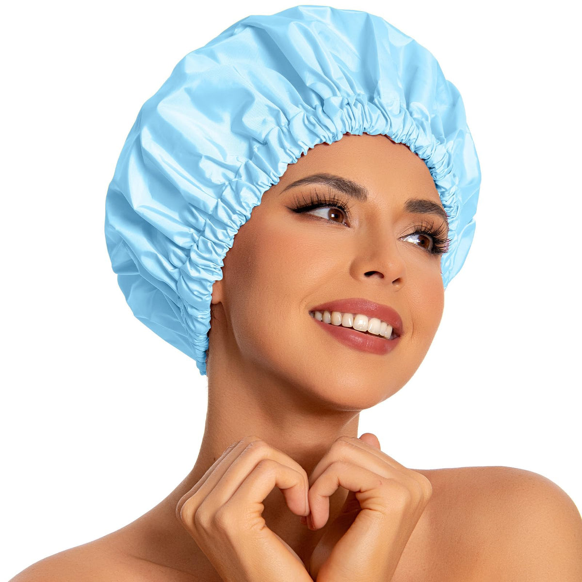 Edoneery Large Waterproof Reusable Shower Cap For Women - Elastic Band Hair Hat, Light Blue