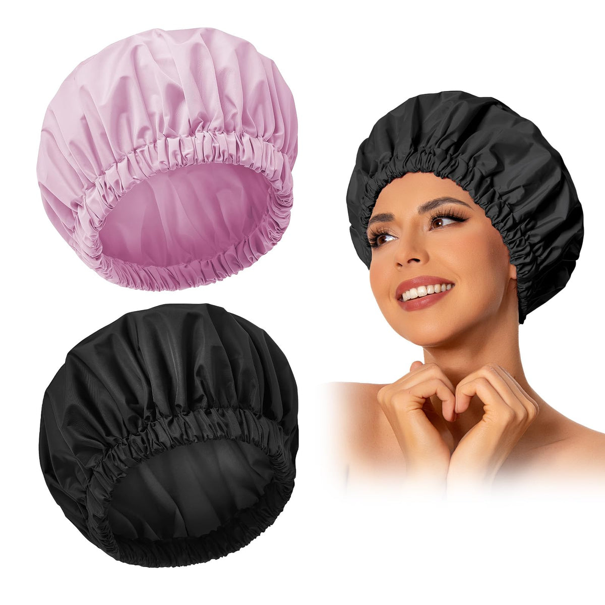 Edoneery Reusable Shower Cap For Women - Waterproof Elastic Hair Hat, 2Pcs Black & Purple